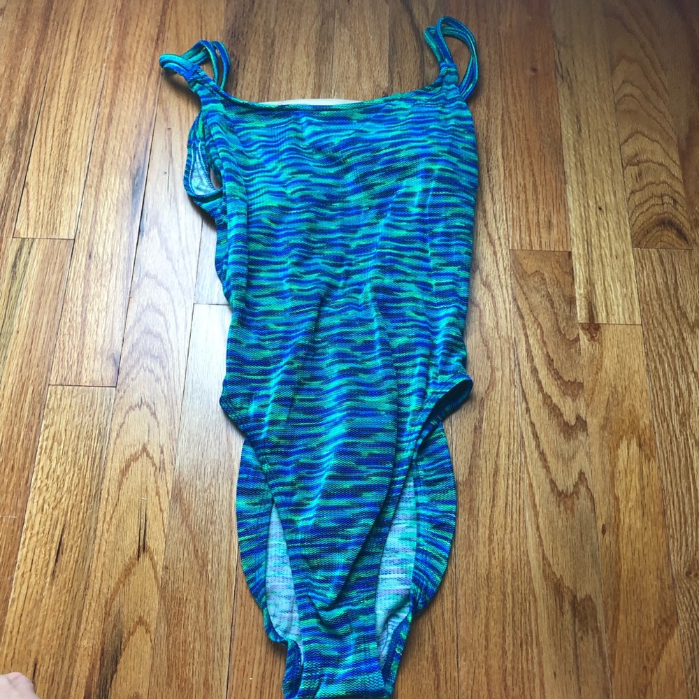 Vintage azul blue green hi cut bathing suit